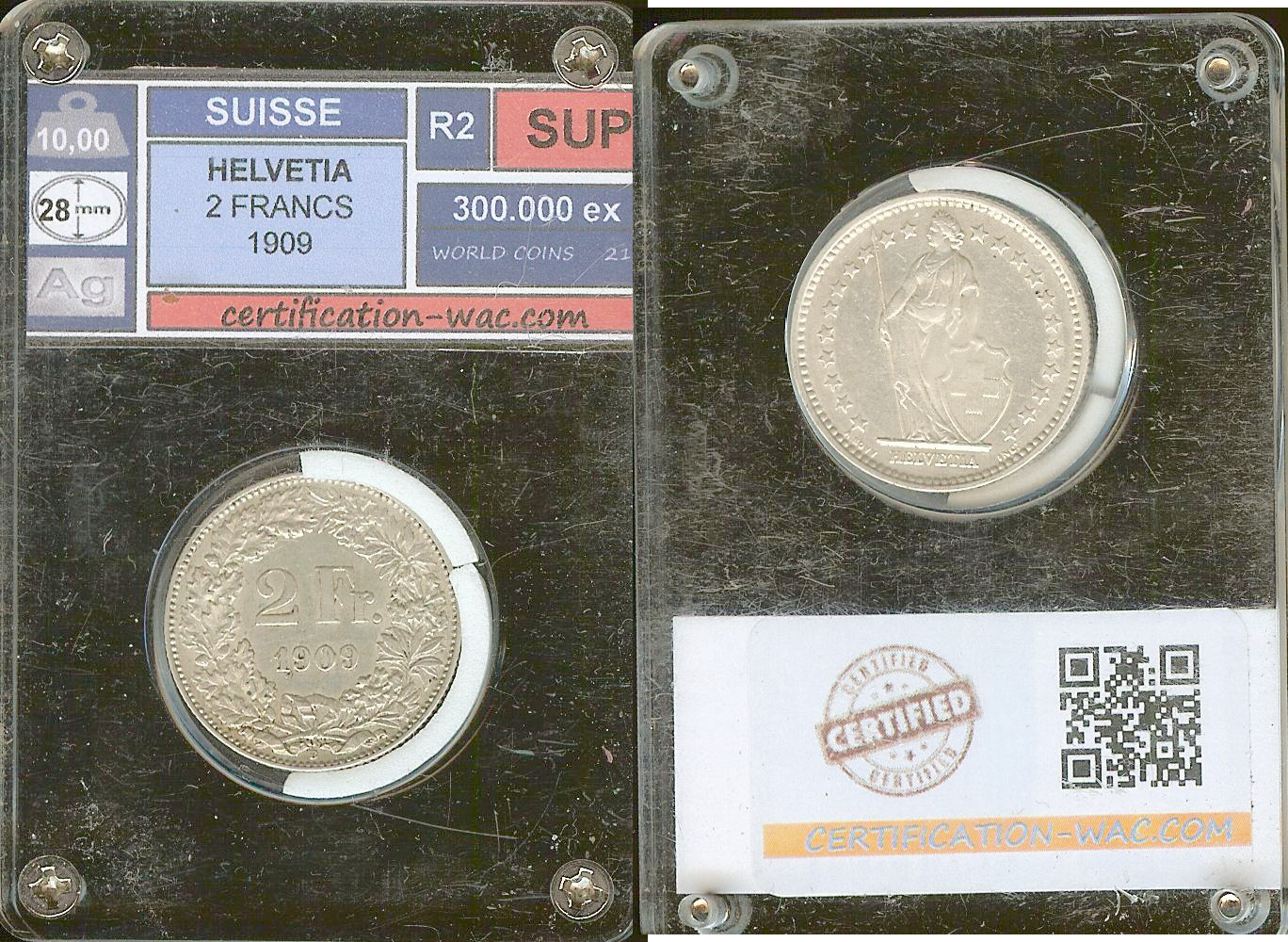 SUISSE 2 Francs Helvetia 1909 Berne TTB+